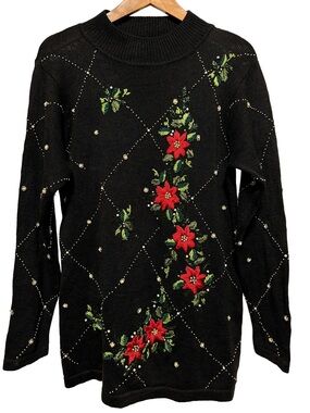 VINTAGE VICTORIA JONES POINSETTIA EMBELLISHED CHRISTMAS GRANDMA CORE HOLIDAY